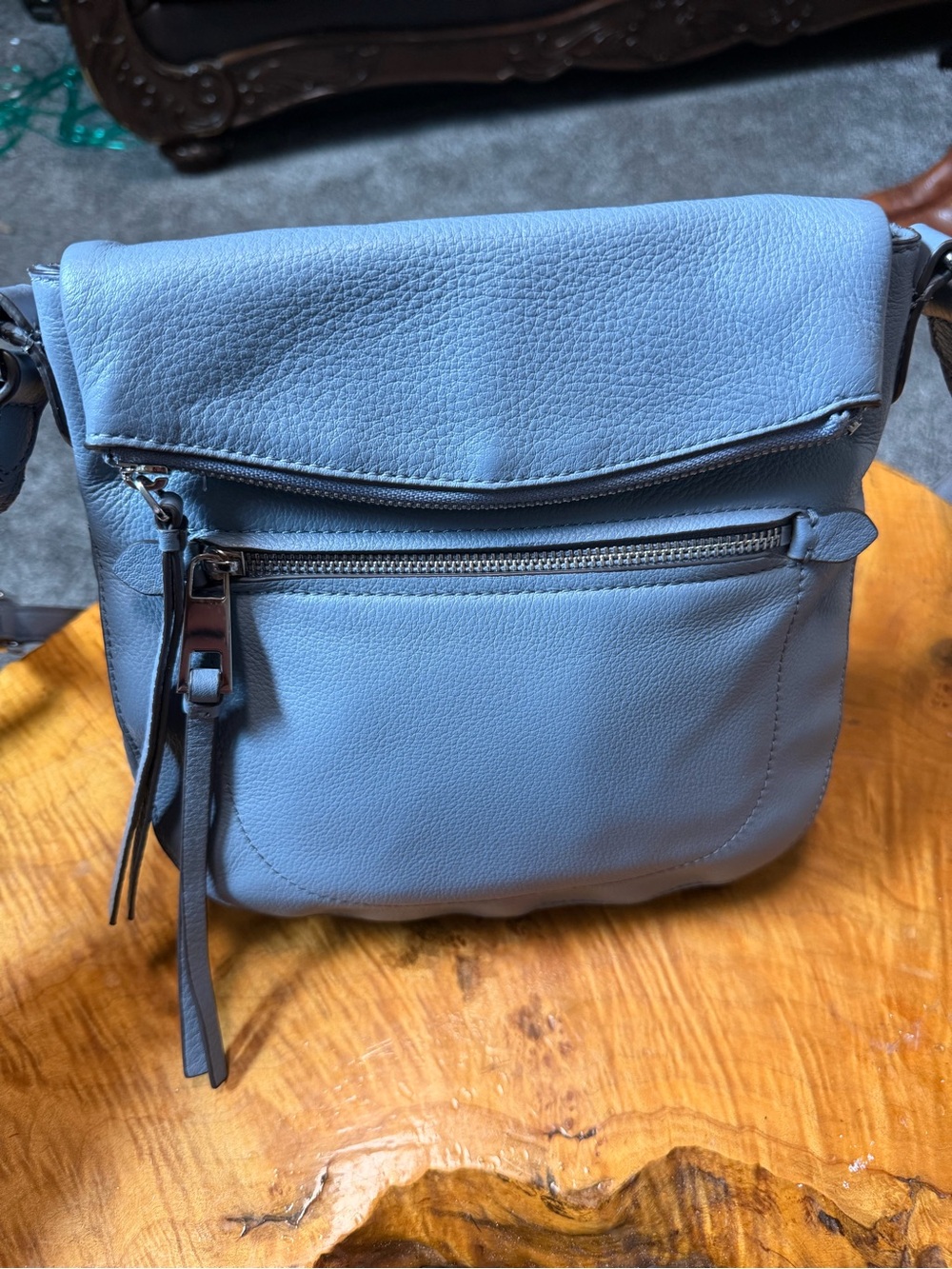 Vince Camuto Tala Light Blue Pebbled Leather Foldover Crossbody Bag